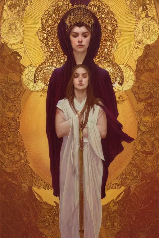 Image similar to a full body portrait of a beautiful ethereal delicate byzantine mage queen meditative sacral pose catholic stages of the cross, intricate, elegant, highly detailed, digital painting, artstation, concept art, smooth, sharp focus, illustration, art by krenz cushart and artem demura and alphonse mucha