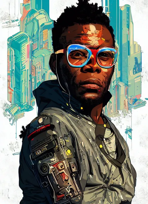 Prompt: chidi igwe. cyberpunk hacker in tactical jumpsuit. portrait illustration, pop art, splash painting, art by geof darrow, ashley wood, alphonse mucha, makoto shinkai ( apex legends )