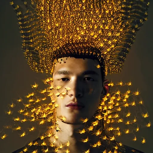 Image similar to a portrait of a beautiful young male wearing an alexander mcqueen armor made of fireflies , photographed by andrew thomas huang, artistic