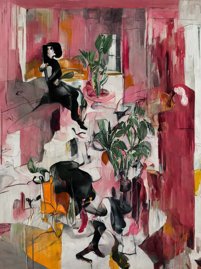 Prompt: One woman start to bounce in a living room of a house, There is one living room plant to the side of the room, expressionist painting by francis bacon and martine johanna