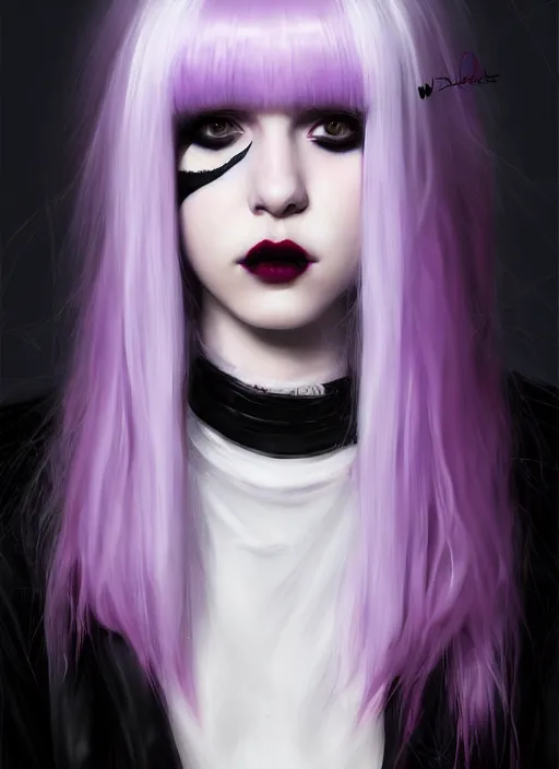 Image similar to portrait of white teenage girl, normal face, white bangs, mall goth, cyberlox, black and white hair, bangs, fluffy bangs, red contact lenses, purple lipstick, intricate, elegant, highly detailed, digital painting, artstation, concept art, sharp focus, smooth, illustration, art by wlop, mars ravelo and greg rutkowski