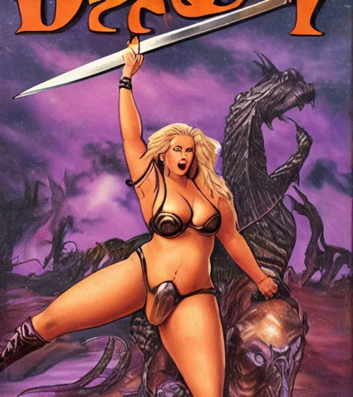 Image similar to 1 9 8 0 s fantasy novel book cover, bbw plus size amazonian iggy azalea in extremely tight bikini armor wielding a cartoonishly large sword, exaggerated body features, dark and smoky background, low quality print