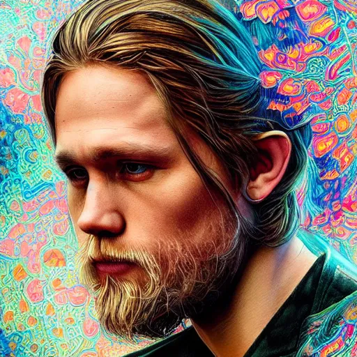 Image similar to portrait of charlie hunnam, hyper detailed masterpiece, neon floral pattern, jean giraud, digital art painting, darkwave goth aesthetic, psychedelic, artgerm, donato giancola and tom bagshaw