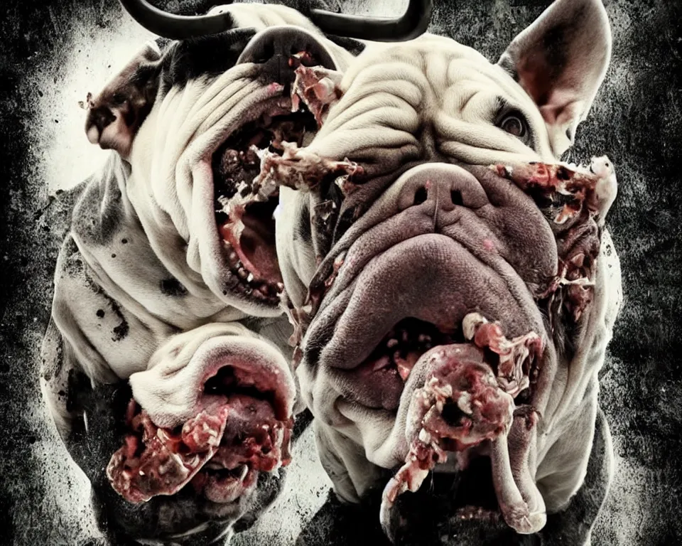 Image similar to a horror movie poster featuring a scary bull dog chewing on a wasp