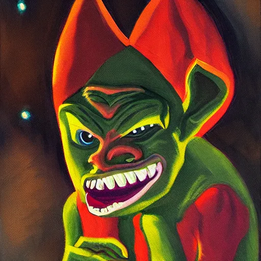 Image similar to a painting of a goblin in a suburban neighborhood, at night