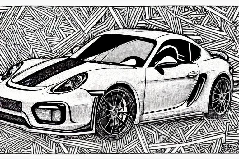 Image similar to a black and white drawing of a porsche cayman gt 4 rs, a detailed mixed media collage by hiroki tsukuda and eduardo paolozzi and moebius, intricate linework, sketchbook psychedelic doodle comic drawing, geometric, street art, polycount, deconstructivism, matte drawing, academic art, constructivism