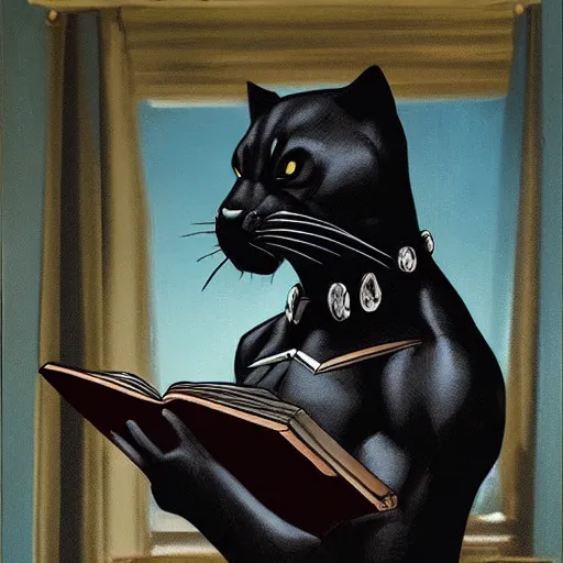 Image similar to a black panther wearing a monocle and reading a journal