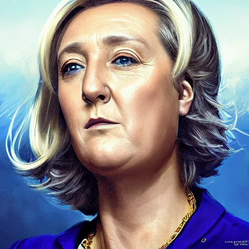 Prompt: Portrait of Marine le Pen , french emperor, heroic, tricolor amazing splashscreen artwork, splash art, head slightly tilted, natural light, elegant, intricate, fantasy, atmospheric lighting, cinematic, matte painting, detailed face, by Greg rutkowski