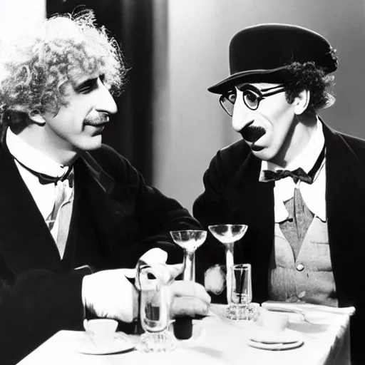 Image similar to harpo marx and groucho marx dines together. harpo marx does not wear a moustache