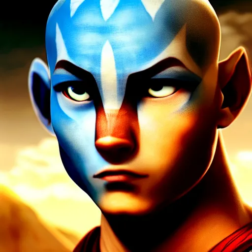 Image similar to a portrait of Avatar Aang by Zack Snyder, Christopher Nolan, Steven Spielberg, Avatar the Last Airbender, 8k photorealistic, cinematic lighting, HD, high details, dramatic, trending on artstation, view from below, dark atmosphere