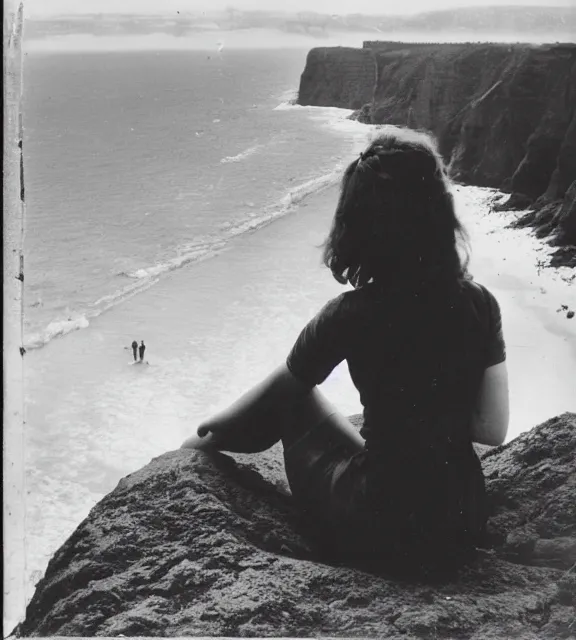 Image similar to a vintage photo of a girl sitting on a cliff overlooking the beach.