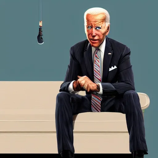 Prompt: joe biden is holding a giant rolled up joint while sitting on a couch in a messed up apartment, stoned eyes, smoke, beautiful digital art, amazing detail, artstation, award winning, sharp
