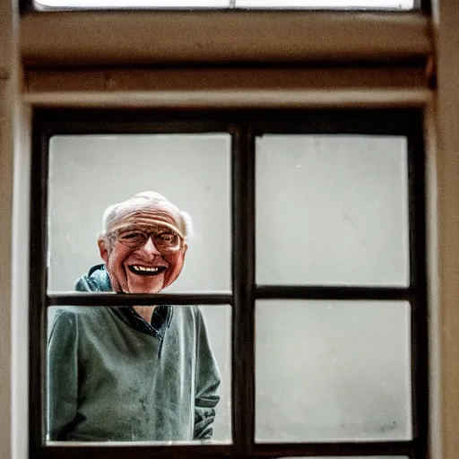 Prompt: an smiling old man seen through a distant window