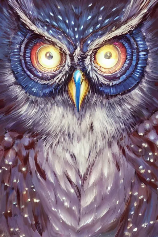 Prompt: maximalist realistic owl, trending on pixiv fanbox, painted by makoto shinkai takashi takeuchi studio ghibli, akihiko yoshida, yoshitaka amano, wangechi mutu, clean cel shaded vector art. shutterstock. behance hd by lois van baarle, artgerm, helen huang, rossdraws, illustration