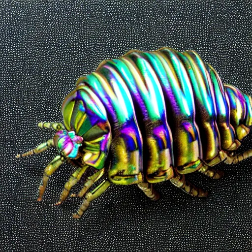 Prompt: abstract iridescent metallic giant isopod. top view. white background
