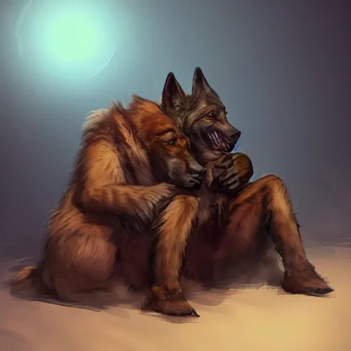 Image similar to two humanoid german shepherds beast - men, sitting on a couch and hugging together, artstation, concept art, smooth, sharp foccus ilustration, artstation