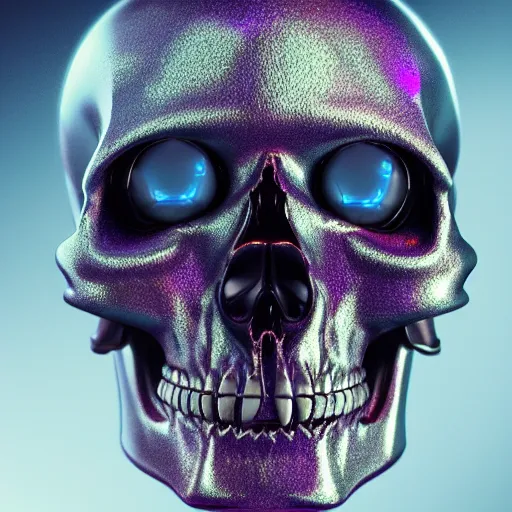 Image similar to a cyborg skull with holographic eyes. 3D octane render.