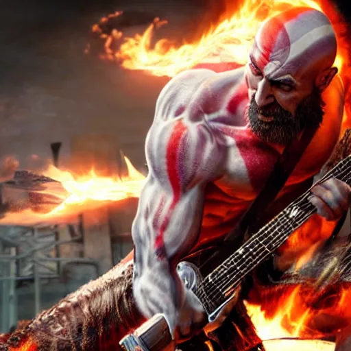 Image similar to kratos shredding on a flaming stratocaster guitar, cinematic render, god of war 2 0 1 8, santa monica studio official media, lightning, stripe over eye