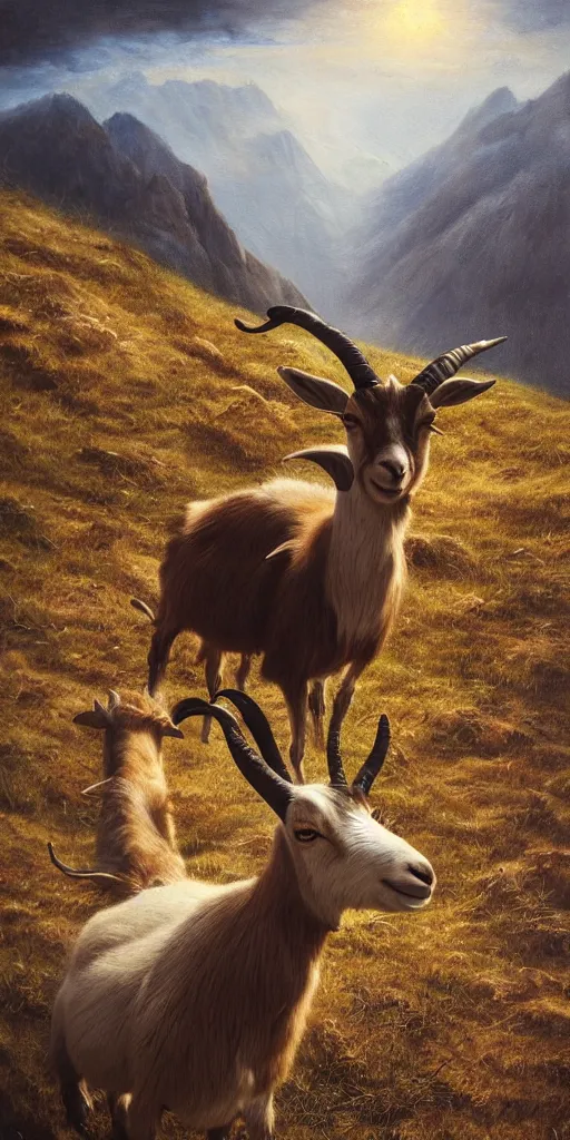 Image similar to a surreal painting of a goat in alpine mountains, photorealistic, cinematic, dramatic, vivid, dark and beautiful, higly, civilized, cinematic lighting