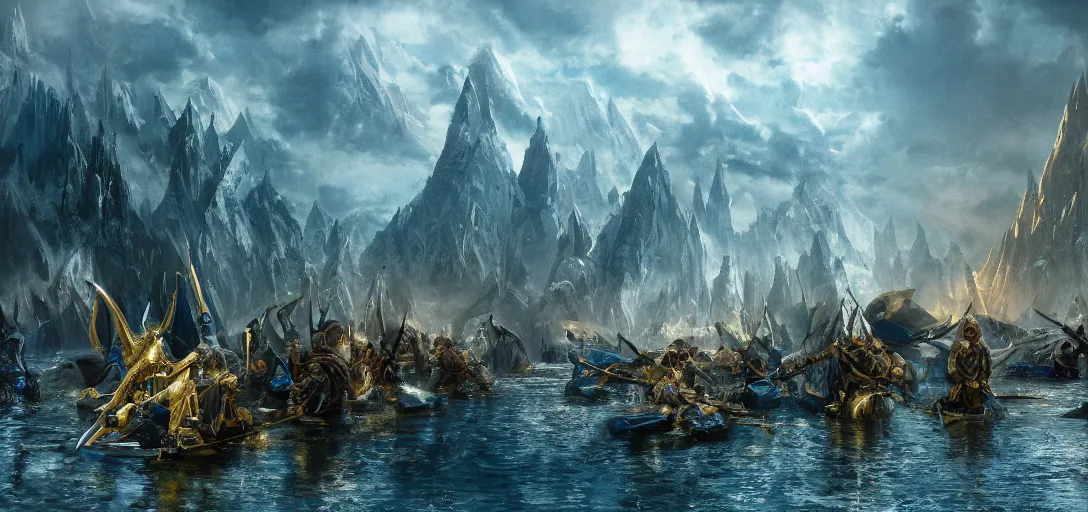 Image similar to cinematic, high - fantasy, market aquare, blue and gold boats, dozens of people, hybrid from the lord of the rings and art direction by darius zawadzki, sharp focus, highly detailed, wideangle epic scale, dynamic dramatic lighting, shadows, cinematic atmosphere, artstation, hyperrealistic, 8 k 4 k uhd image