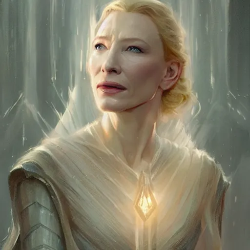 Image similar to A beautiful picture of Cate Blanchett as galadriel by greg rutkowski and Kalin Popov, trending on artstation