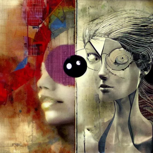 Image similar to a naive woman with a memory that survives the reset of the world, and a small robot bird on her shoulder, collage artwork by dave mckean and yoshitaka amano