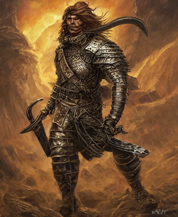 Image similar to battle - worn warrior with legendary sword, fantasy, man, cool armour, intricate, highly detailed, digital painting, artstation, concept art, wallpaper, smooth, sharp focus, illustration, art by larry elmore, jeff easley, clyde waldwell, keith parkinson, daniel r horne