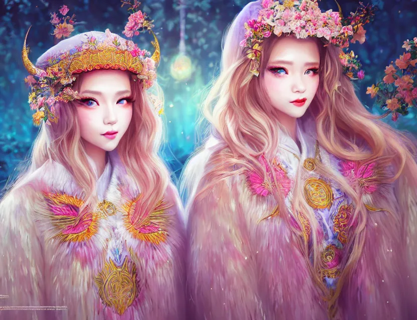 Image similar to two beautiful fashion siberian girls wear fantasy kimono in festival | | big eyes, sunny, dreamlike art, realistic shaded, smile, good looking, hyper details, 4 k realistic, cryengine, realistic shaded lighting poster by artgerm, ross tran, fuji choko, loish, 8 k resolution, trending on artstation, luxury