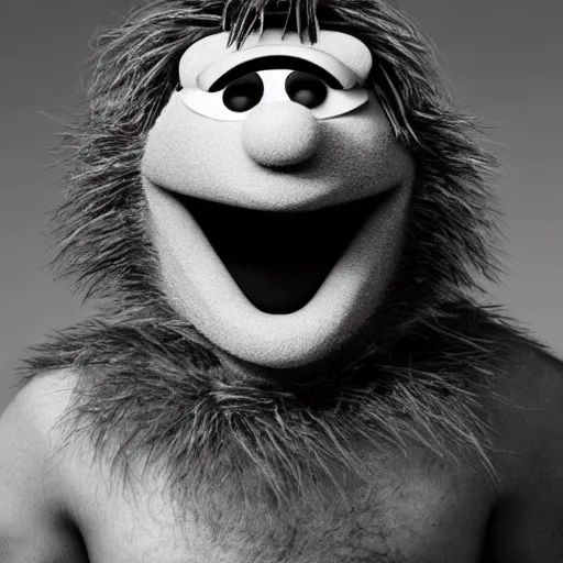 Image similar to a still of a forgotten muppet character looking very manly and modern, hilarious, laughing, hairy chest, huge chin, manly monster tough guy, roughled fur, photo real, photographic, photograph, artstation, trending, featured