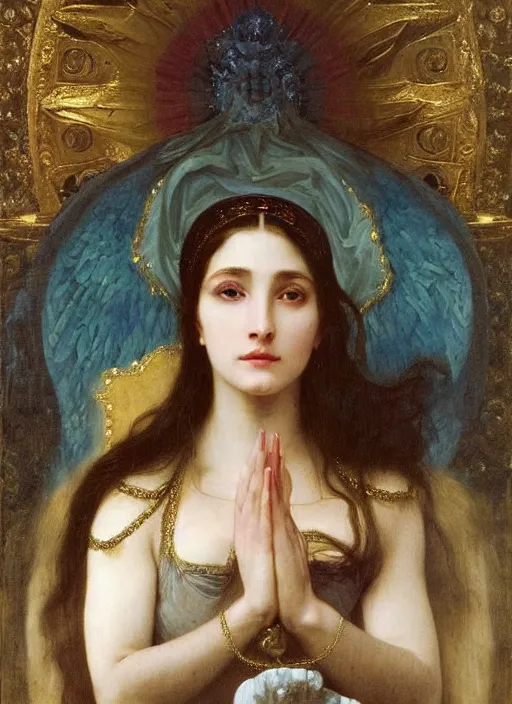 Image similar to oil painting of a portrait of Vulvina, queen of Ecstasy in a large throne room, Hungarian, by Bouguereau, by Georgia o Keeffe, by Gustave Moreau!!!