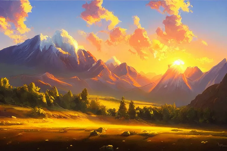 Image similar to a beautiful nature landscape with clouds, mountains, in background, sunset, by rhads