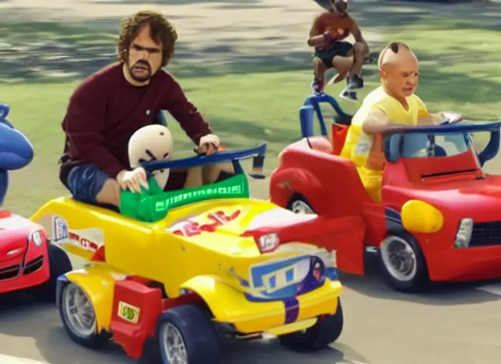 Image similar to peter dinklage racing patrick ewing driving a little tikes cars, movie still, from the new fast and furious movie, 8 k, realistic