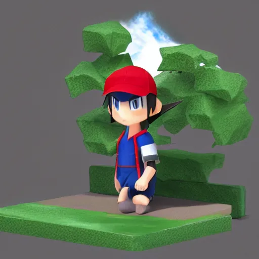 Image similar to 3 d render of ash ketchum, in the background pallet town