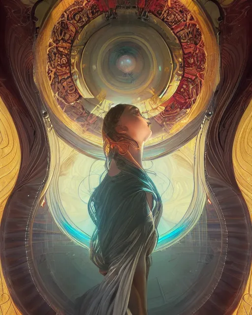 Image similar to illustration of a woman entranced bewitched mesmerized hypnotized mind controlled, spirals in eyes, by artgerm and wlop and greg rutkowski and alphonse mucha, digital art, extreme detail, realistic lighting, cinematic composition, concept art, sharp focus, colorful, photorealistic, 8 k