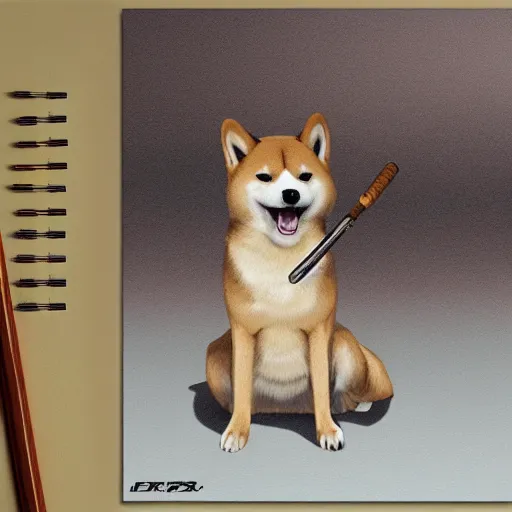 Prompt: hyper realistic shiba inu, sitting, with a baseball bat, concept art, trending on art station