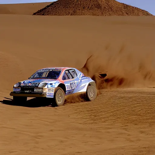 Prompt: grey Honda Civic 2001 jumping over dune desert in the 2003 Dakar rally. Many spectators watch large crowd. stock 2001 Honda civic with rusted panels old. Cannon Photo 45mm wide angle full view un cropped. 720p photo by Jesse Alexander.