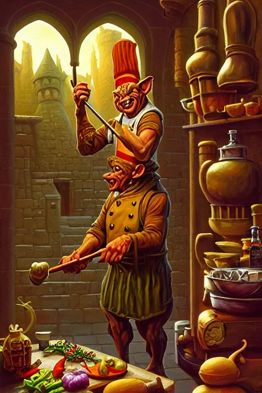 Prompt: classic oil painting, a goblin is dressed as a culinary chef, as a dnd character, inside a castle courtyard, cottagecore, highly detailed, digital illustration, concept art, smooth, sharp focus, art by tim hildebrandt, and greg hildebrandt