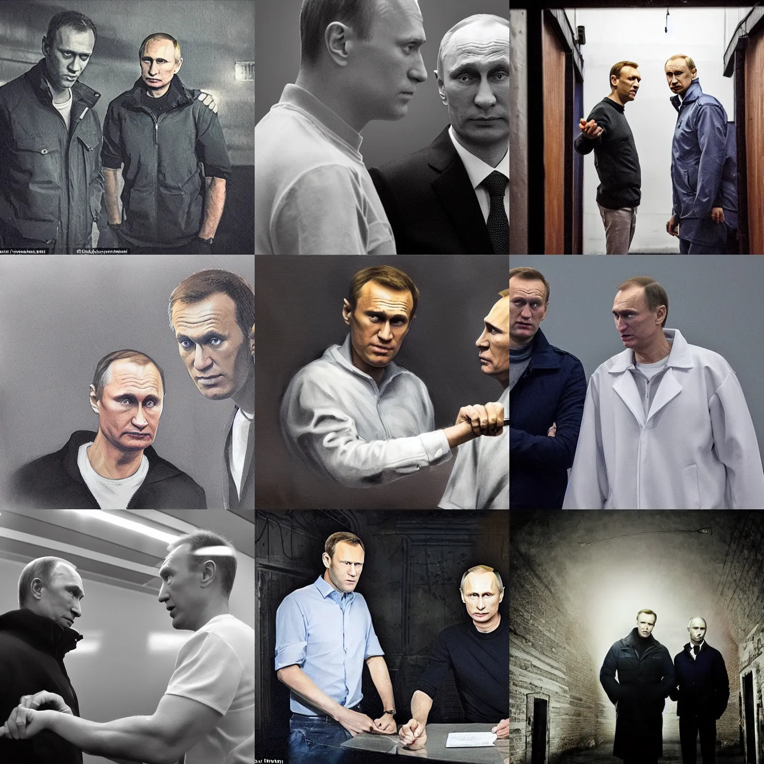 Prompt: alexei navalny with vladimir putin together in the dark gloomy prison, dramatic lighting, highly detailed, holding knife