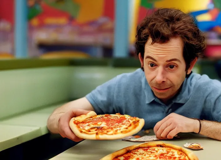 Image similar to cinematic portrait of charlie kaufman eating pizza at chuck - e - cheese, with sloppy cheesy sauce getting slopped up all over the place, dramatic lighting, moody film still from being john malkovich ( 2 0 1 6 ), 3 5 mm kodak color stock, detailed face, 2 4 mm lens, directed by spike jonze, ecktochrome