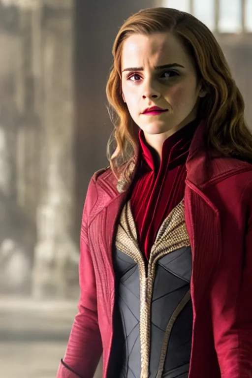 Prompt: Still of Emma Watson as Scarlett Witch