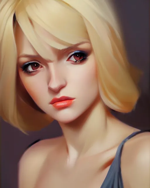 Image similar to a portrait blonde femme fatale woman, Anime. realistic shaded lighting by Ilya Kuvshinov Giuseppe Dangelico Pino and Michael Garmash and Rob Rey, 8K