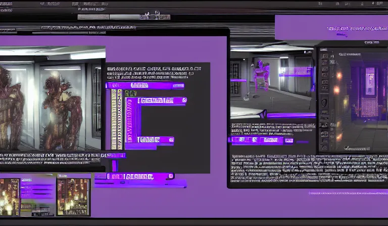 Prompt: GUI for a program that shows you nightmares, cyberpunk, horror, System Shock 2, Shin Megami Tensei, Deus Ex