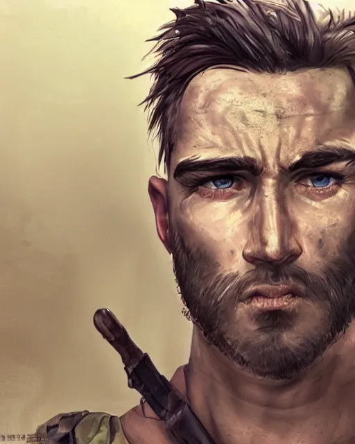 Prompt: portrait of muscular, tired and alcoholic 3 0 - year - old handsome man with short darkblonde hair, serious sad look in his eyes, dirty beard, blue eyes, wearing dirty soldier uniform, on the desert, hyper realistic face, beautiful eyes, character art, art by mark brooks, hyperdetailed, cryengine, trending on artstation, digital art