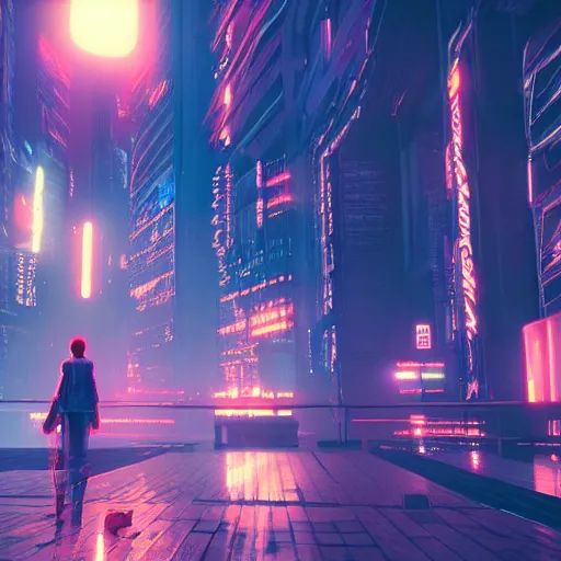 Image similar to « glowing neon lights, sunrise, cyberpunk, alita battle angel, blade runner, rainy, cold, clouds, far view, photorealistic, unreal engine 5, attractive girl sharp focus »