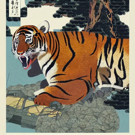 Image similar to a delorean protecting a tiger, japanese magazine collage, art by hsiao - ron cheng and utagawa kunisada