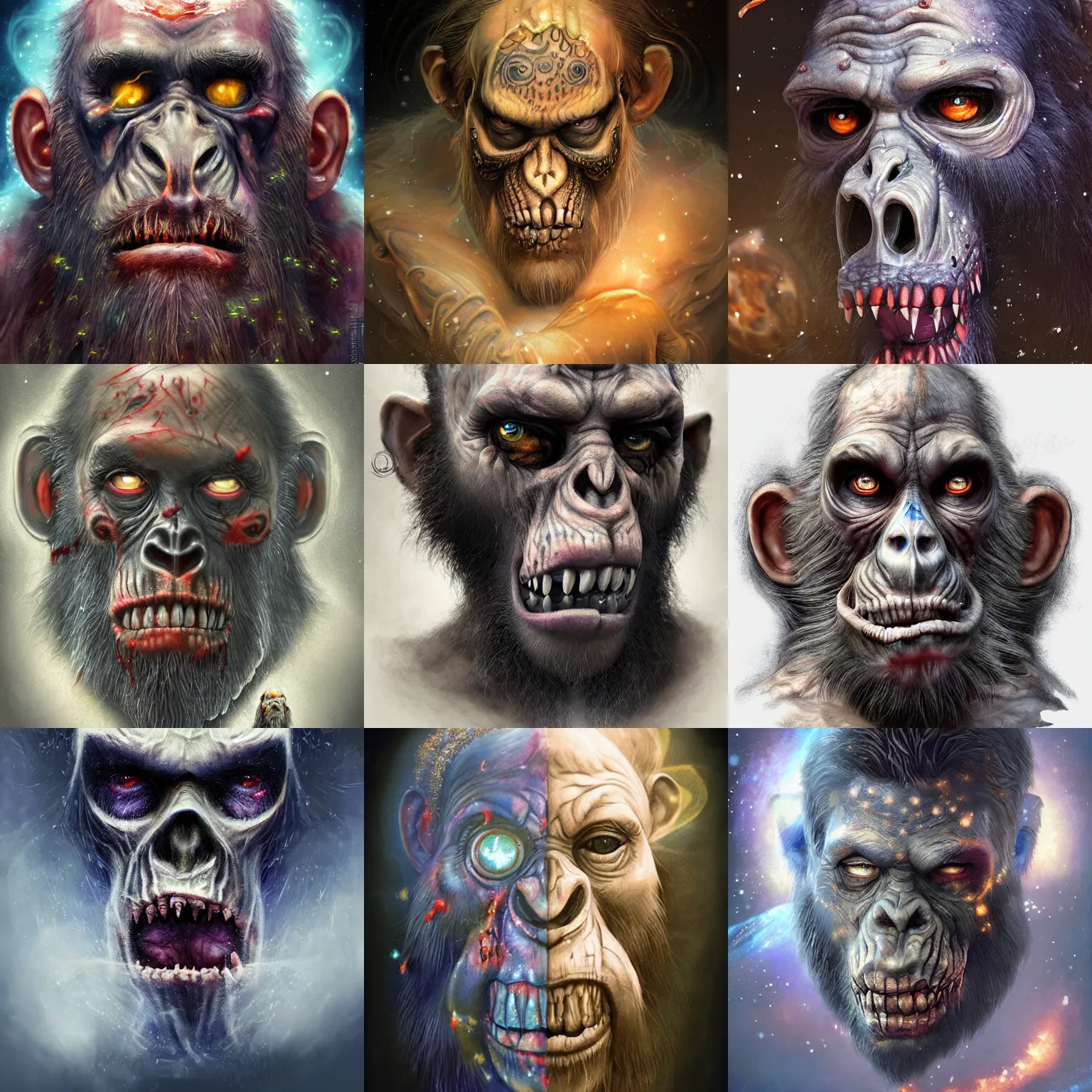 Image similar to a WLOP 3d render of Very very very very highly detailed beautiful mystic portrait of a phantom zombie ape with whirling galaxy around, tattoos by Anton Pieck, intricate, extremely detailed, digital painting, artstation, concept art, smooth, sharp focus, illustration, intimidating lighting, incredible art,
