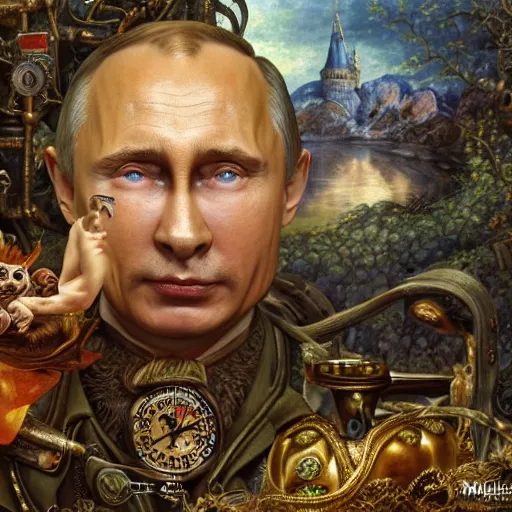 Image similar to Putin as Mystical Gollum, Realistic, Regal, Refined, Detailed Digital Art, Michael Cheval, Walt Disney (1937), François Boucher, Oil Painting, Steampunk, Highly Detailed, Cinematic Lighting, Unreal Engine, 8k