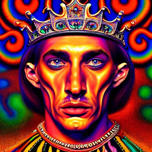 Image similar to An extremely psychedelic portrait of a King, surreal, LSD, face, detailed, intricate, elegant, lithe, highly detailed, digital painting, artstation, concept art, smooth, sharp focus, illustration