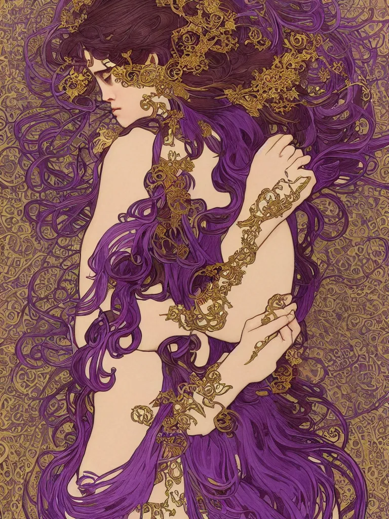 Image similar to thanatos, god of peaceful death, closed eyes, long hair, wearing ornate silk and lace clothes, gold jewelry, moon, purple feathers, by Alphonse Mucha, by artgerm, rule of thirds, super detailed, 8k