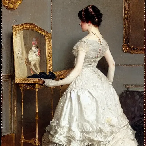 Prompt: young victorian lady in ball gown putting on her dress glove, painted by alfred stevens
